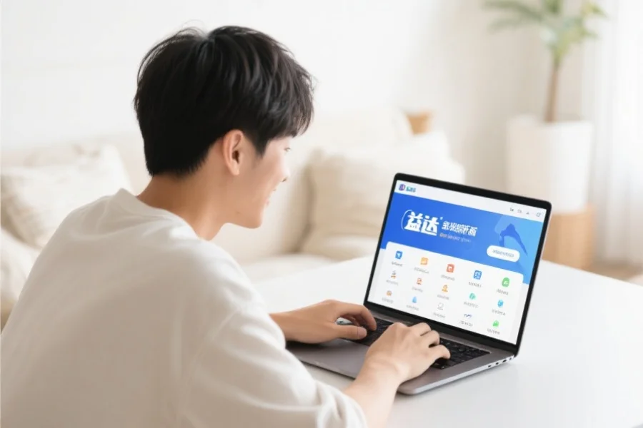 一位年轻用户在明亮舒适的室内环境中愉快地使用笔记本电脑，屏幕上展示杏宇客户端新版界面